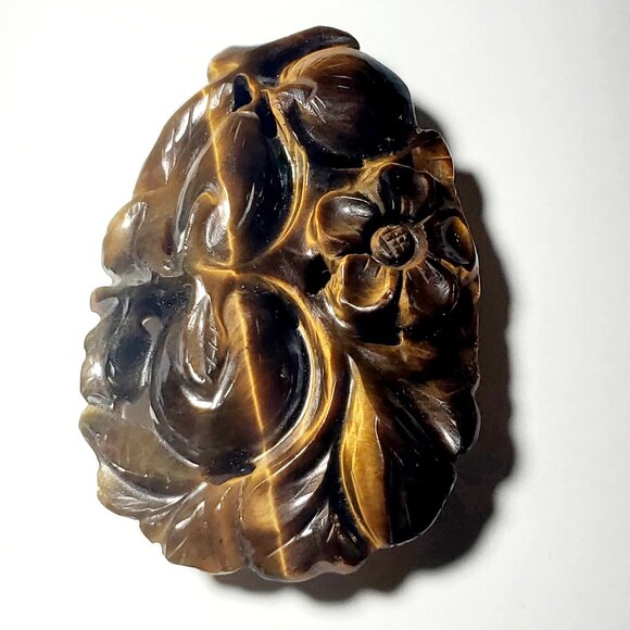 Vintage Hand-Carved Tiger’s Eye Stone • Floral Fruit Motif • Ready for Pendant S - Picture 8 of 11